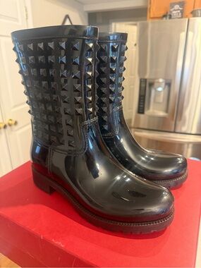 Valentino Garavani Black Patent  Rock Studded Mid-Calf Rain Boots